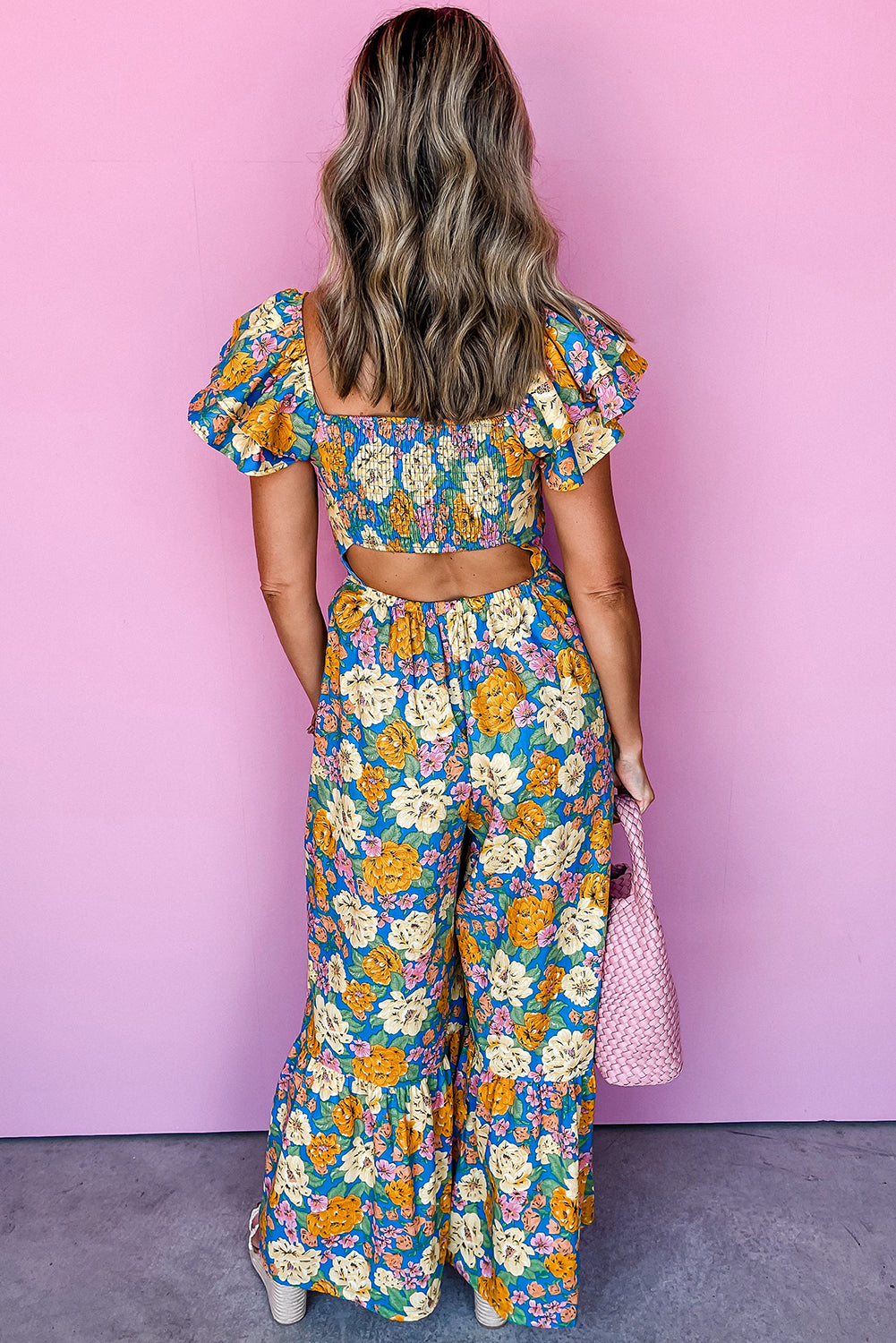 Yellow Floral Shirred Cut Out High Waist Jumpsuit