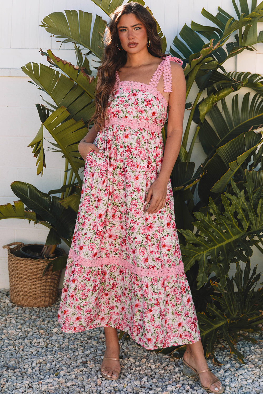 Pink Floral Lace Tied Strap Maxi Dress