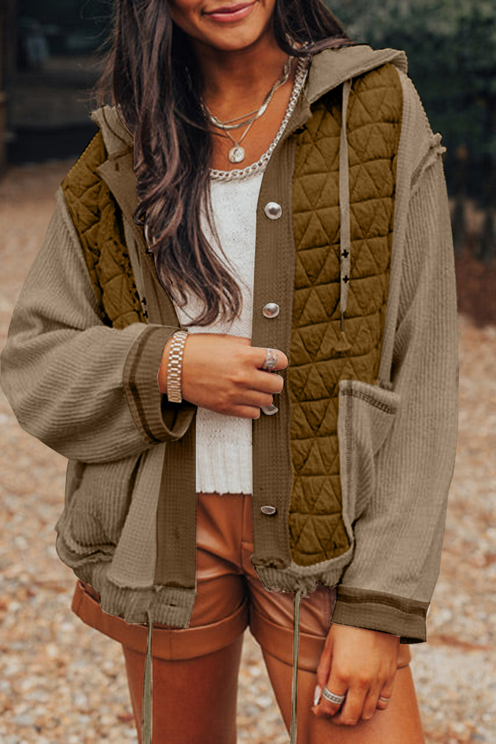 Quilted Textured Patchwork Hooded Jacket