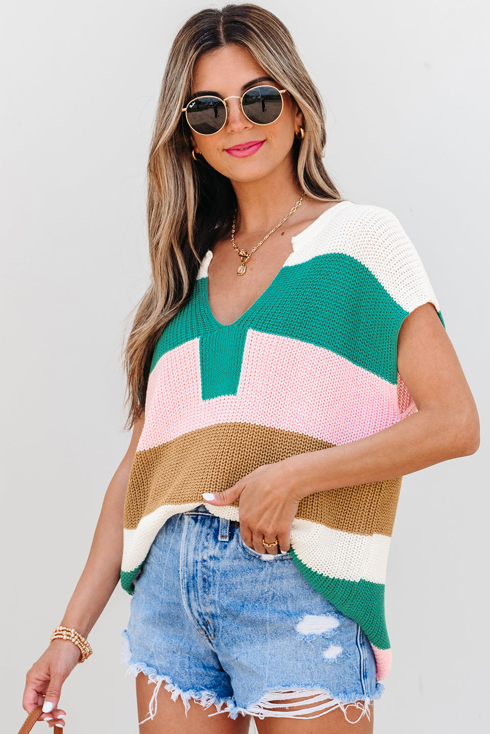 Multicolour Color Block V Neck Sweater T Shirt