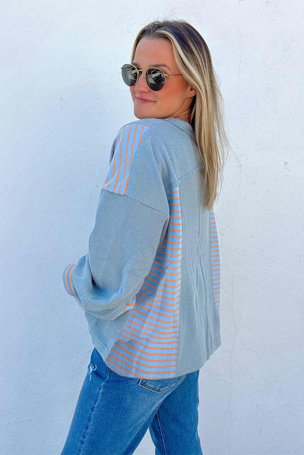 Dusk Blue Waffle Striped Patchwork Pullover