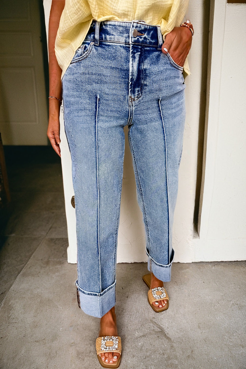 Center Seam Cuffed Straight High Waist Jeans