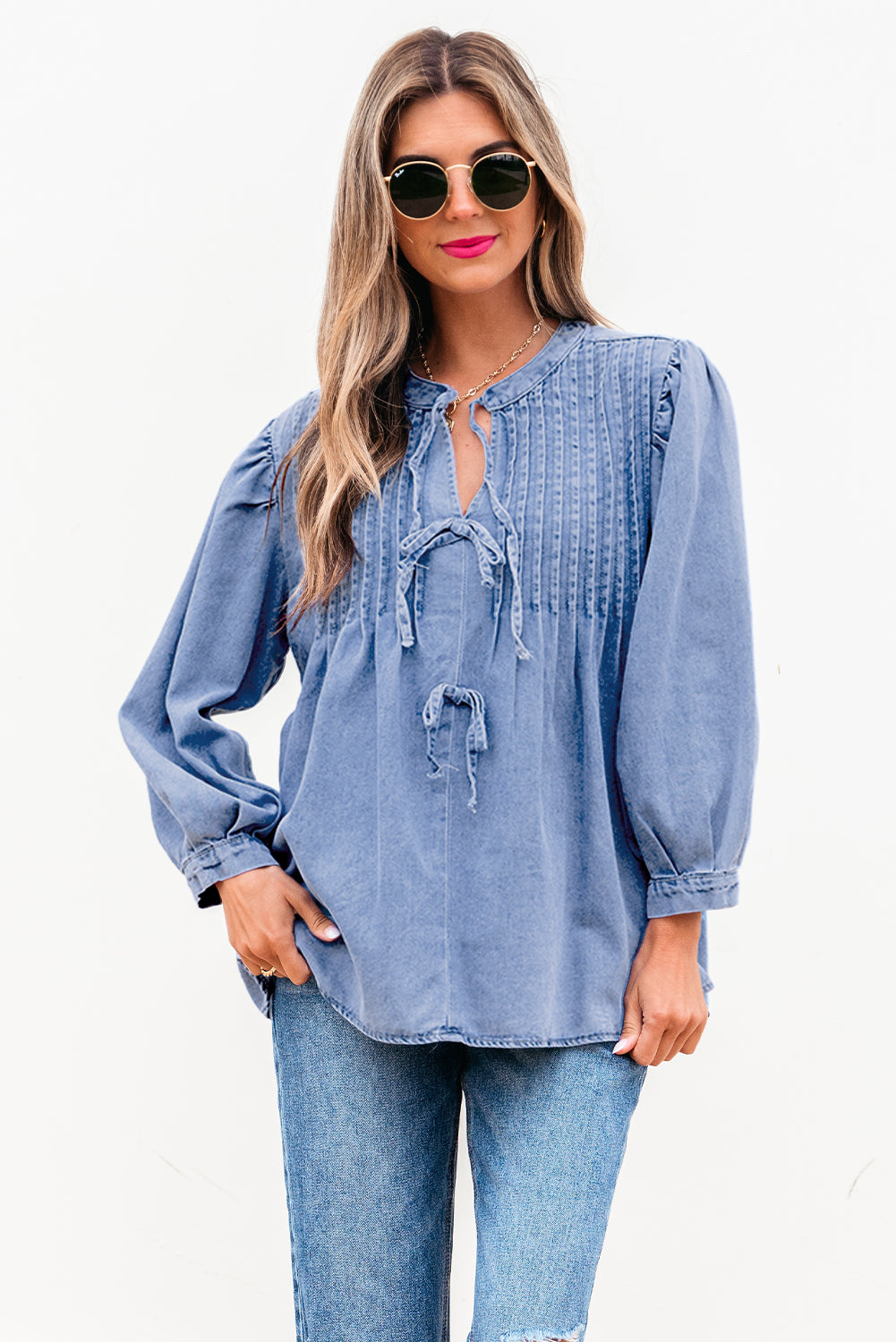Denim Front Pintuck Bow Tie Puff Top