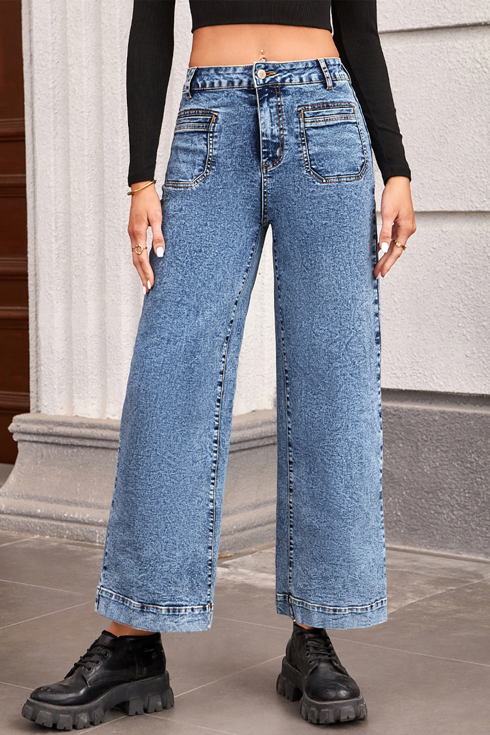 Black Chic Patch Pocket Straight Leg Loose Jeans