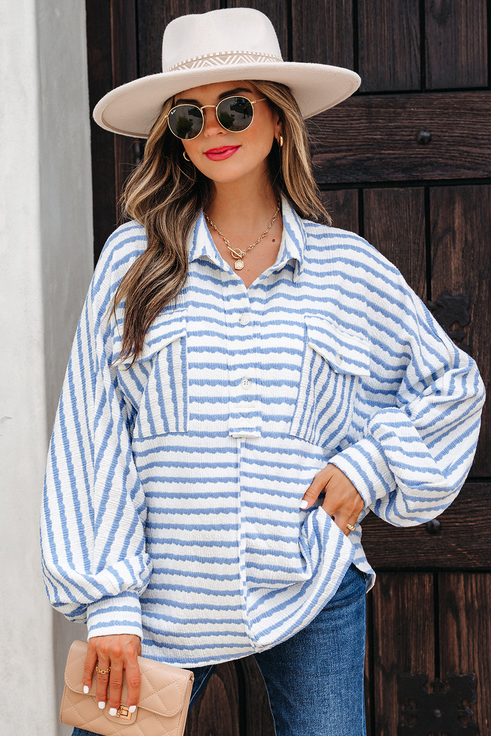 Blue Striped Half Button Sweater