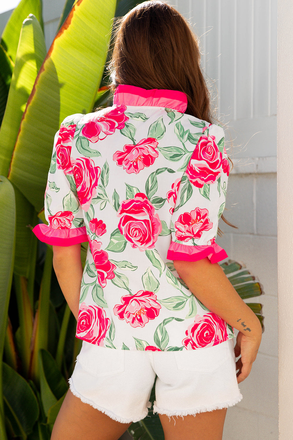 Rose Floral Frilled V Neck Short Sleeve Blouse