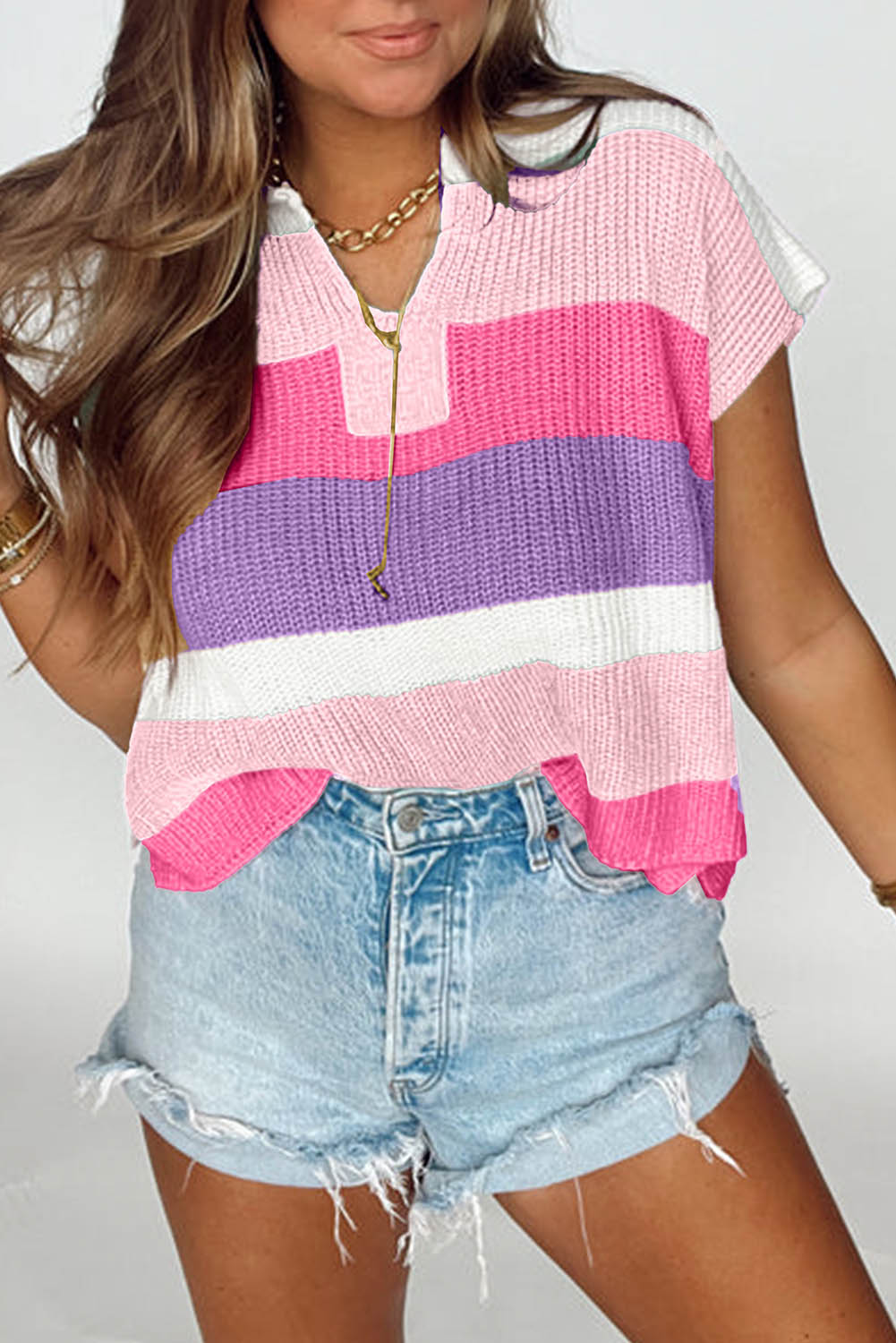 Pink Color Block V Neck Sweater T Shirt