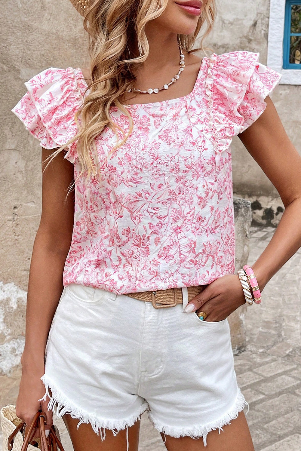 Pink Floral Ruffled Sleeve Bow Blouse