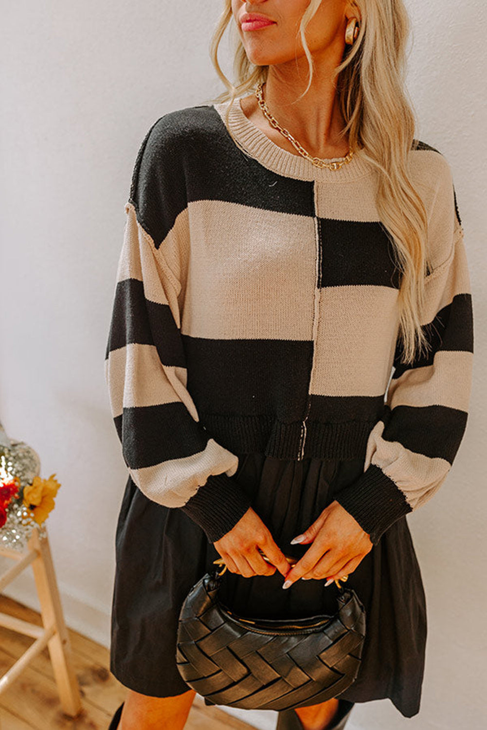Black Stripe Knitted Top Sweater Dress