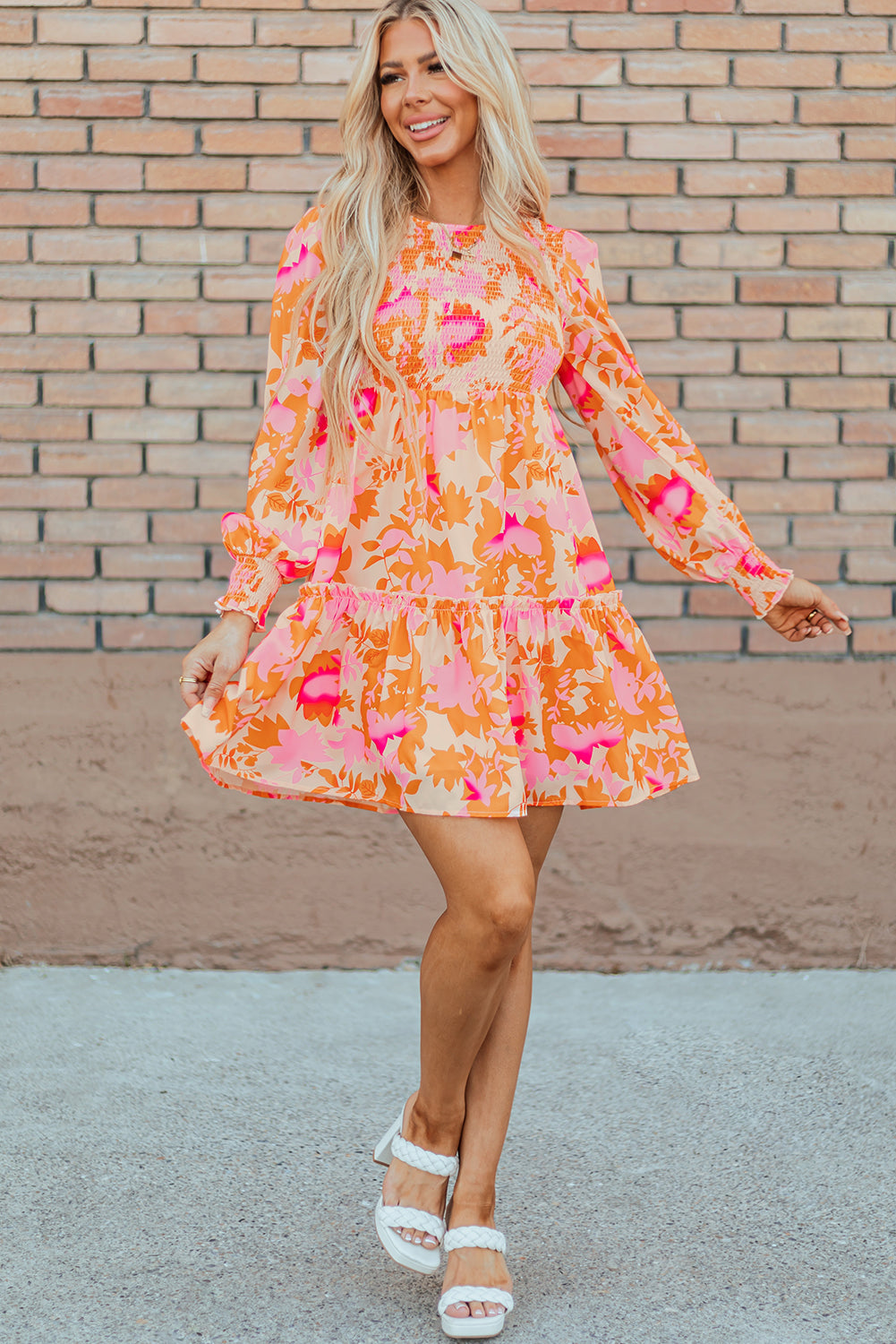 Orange Abstract Print Smocked Mini Dress
