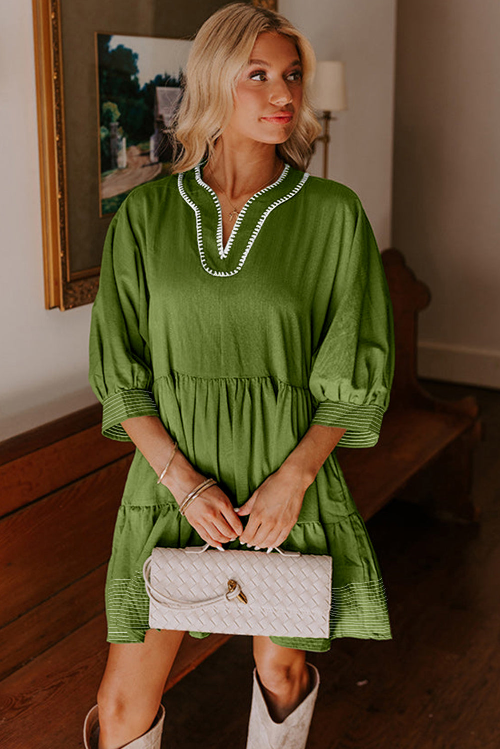 Stitch Detail Tiered Mini Dress