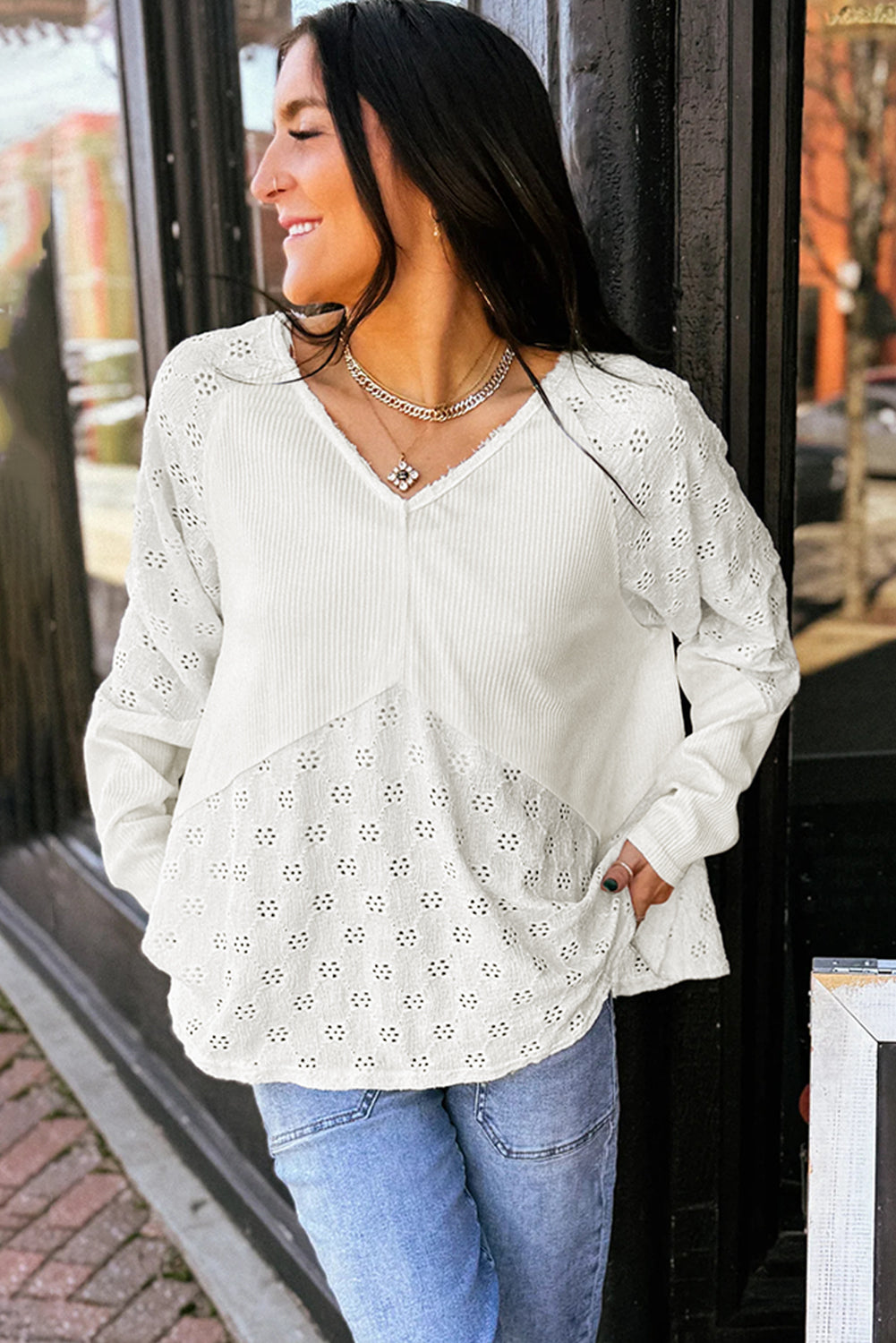 Eyelet Embroidered Long Sleeve Top