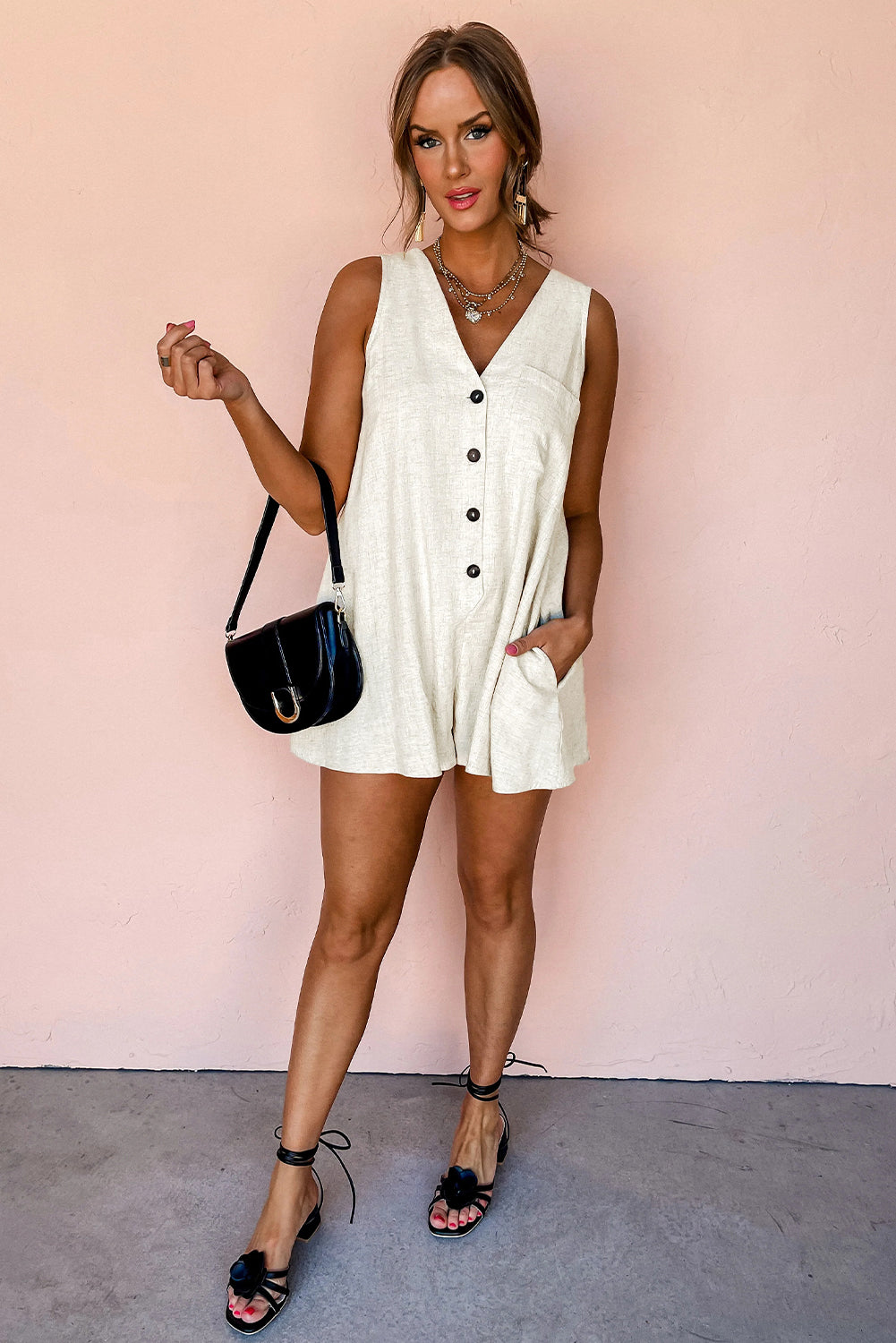 Beige Sleeveless V Neck Buttoned Romper