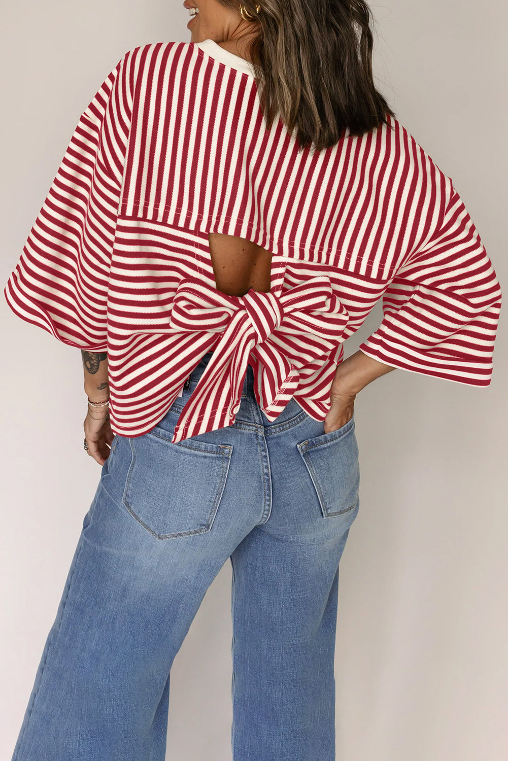 Red Stripe Bowknot Back Loose Tee