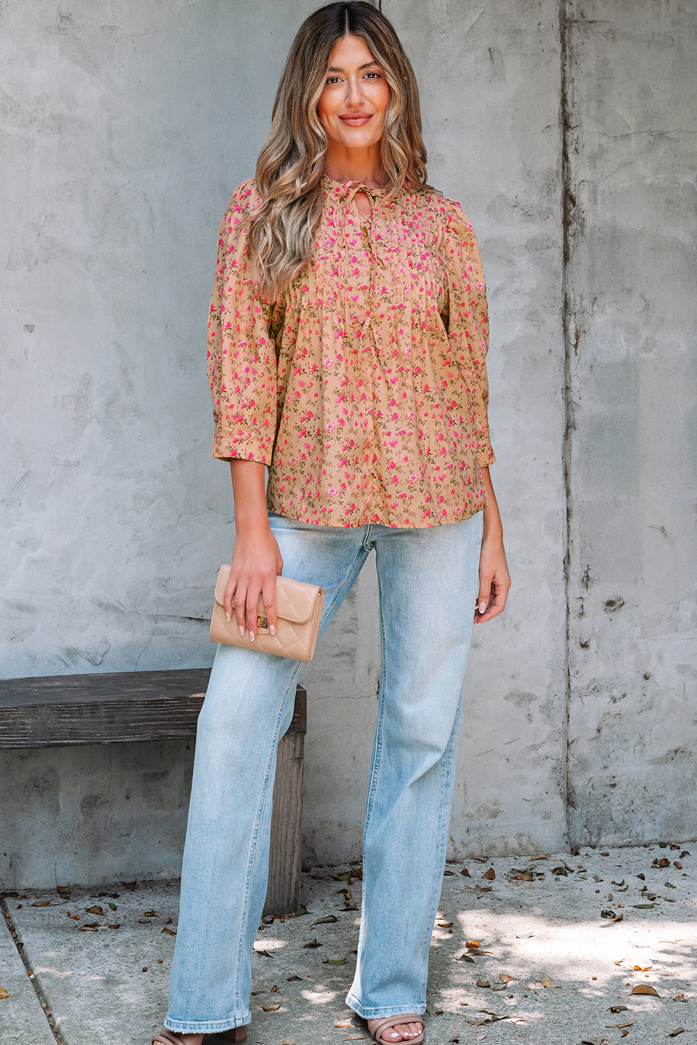 Floral Print Bow Pintuck Bust Half Puff Sleeve Blouse