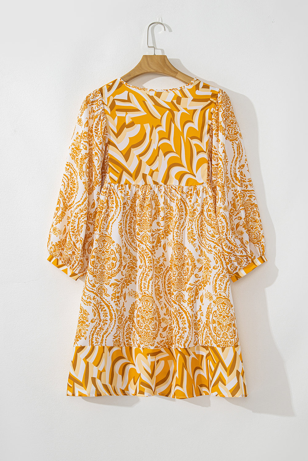 Orange Bohemian Print Puff Sleeve Mini Dress