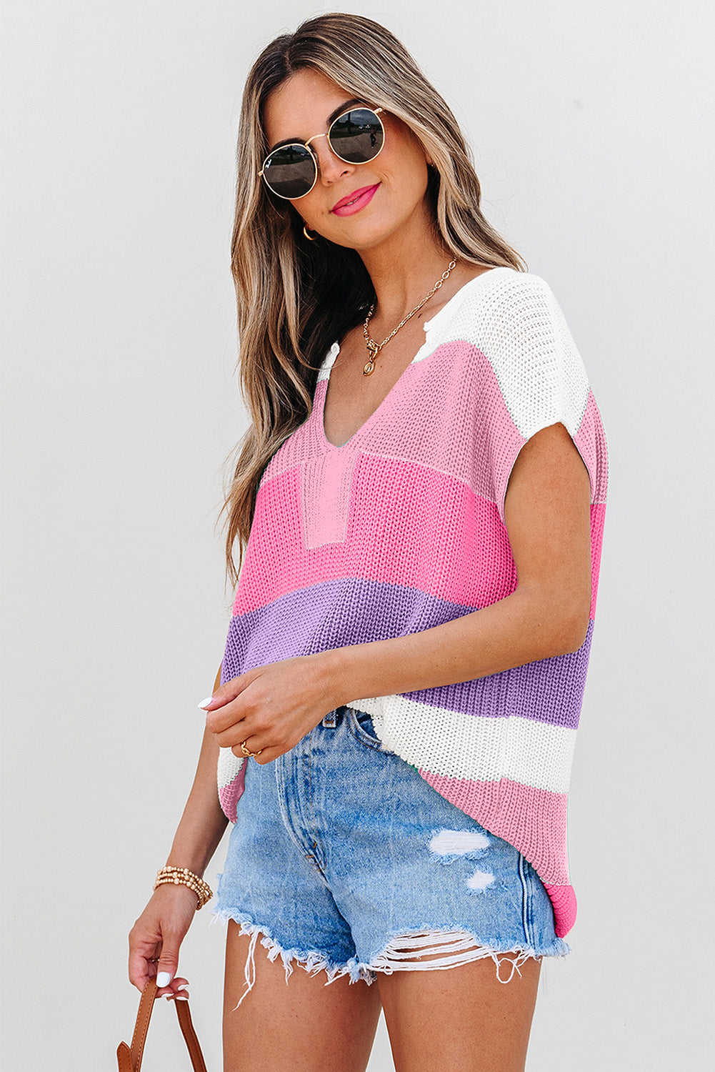 Pink Color Block V Neck Sweater T Shirt