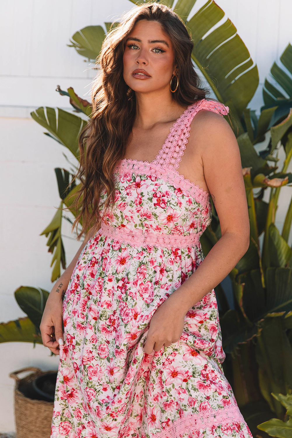 Pink Floral Lace Tied Strap Maxi Dress