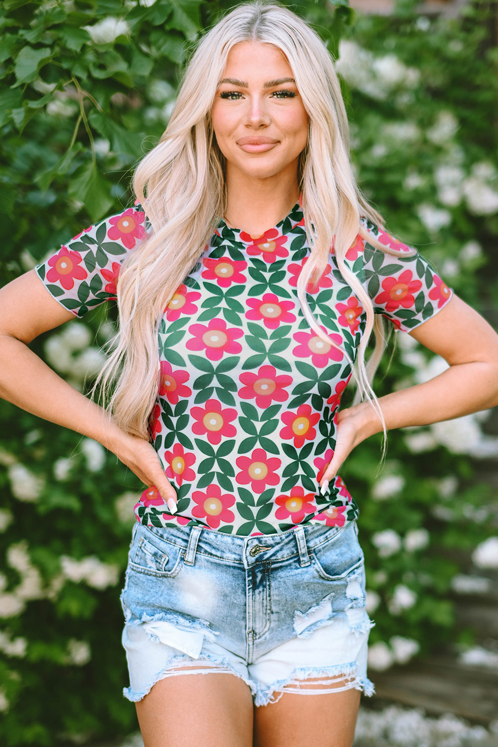 Fiery Red Retro Floral Print Top