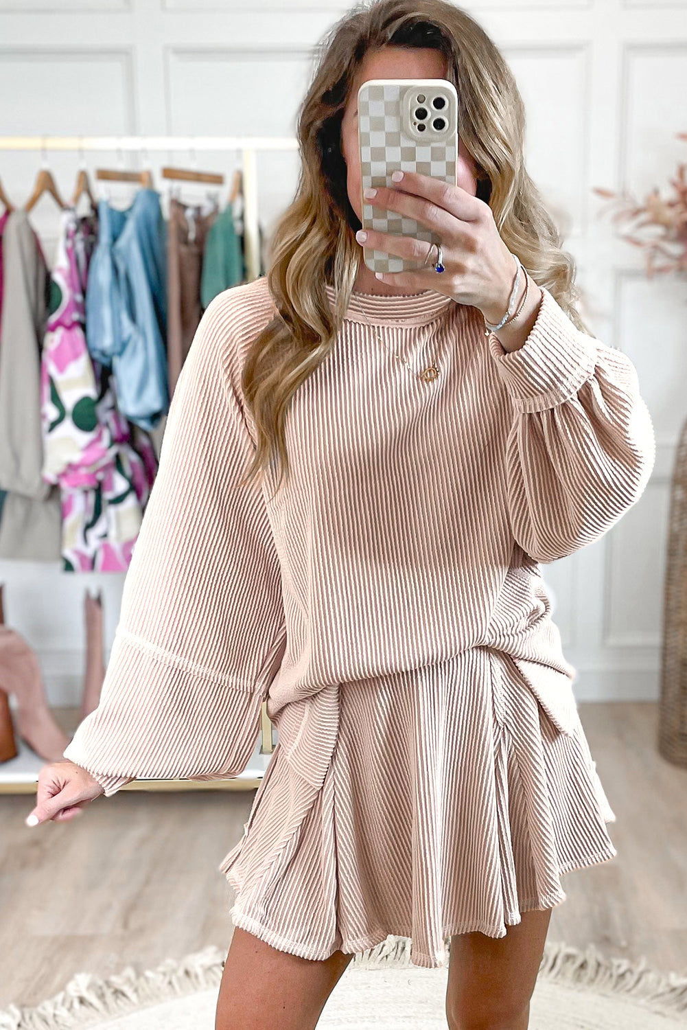 Corded Lantern Sleeve Top High Waist Ruffled Mini Skirt Set