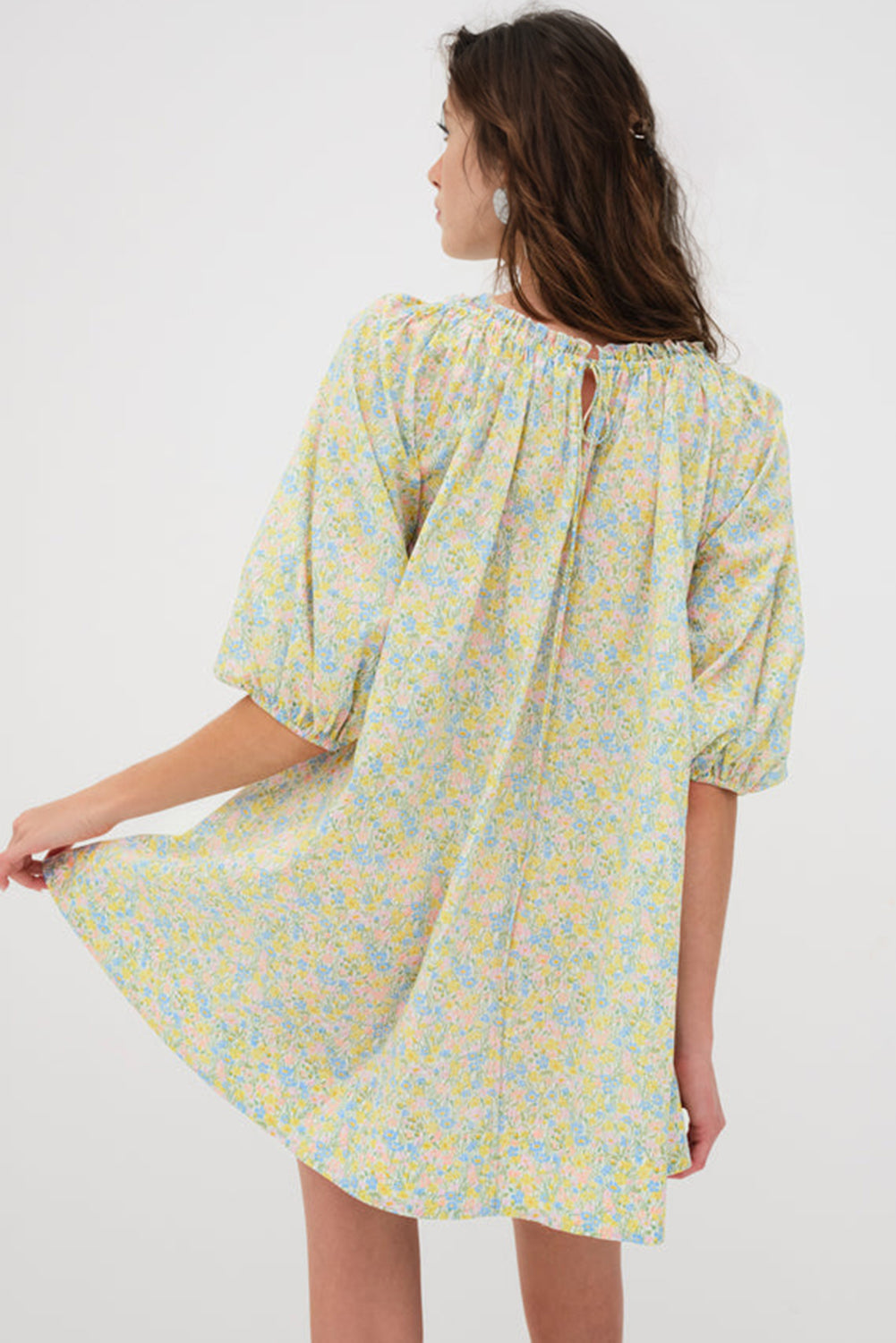 Green Floral Half Sleeve Frilled Short Dress