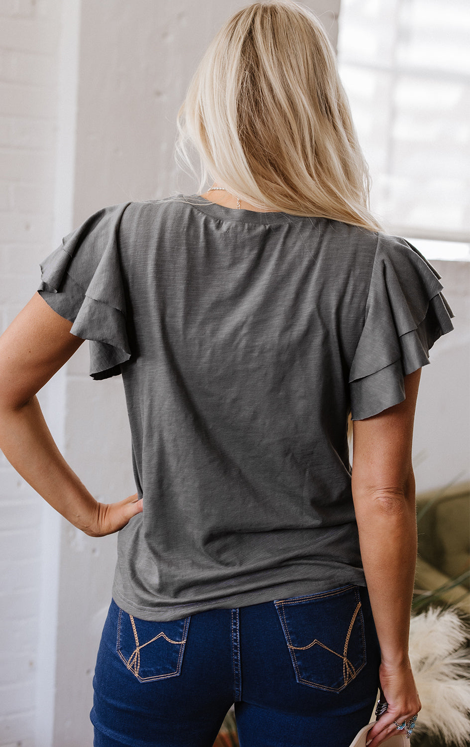 Dark Grey Ruffle Short Sleeve Top