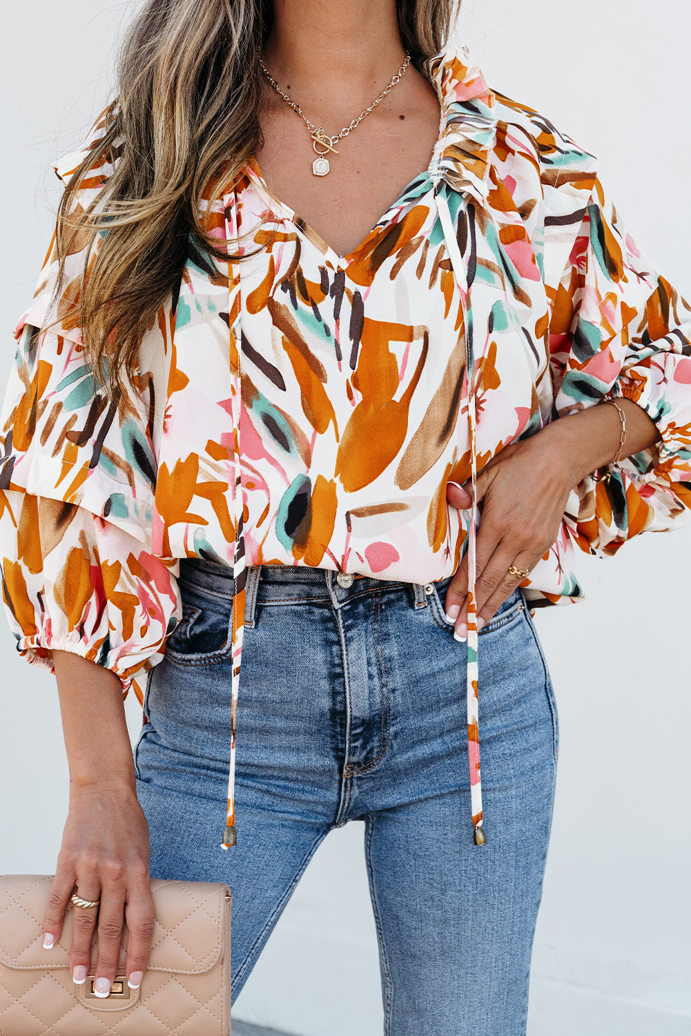 Yellow Abstract Print Drawstring Frilled V Neck Blouse