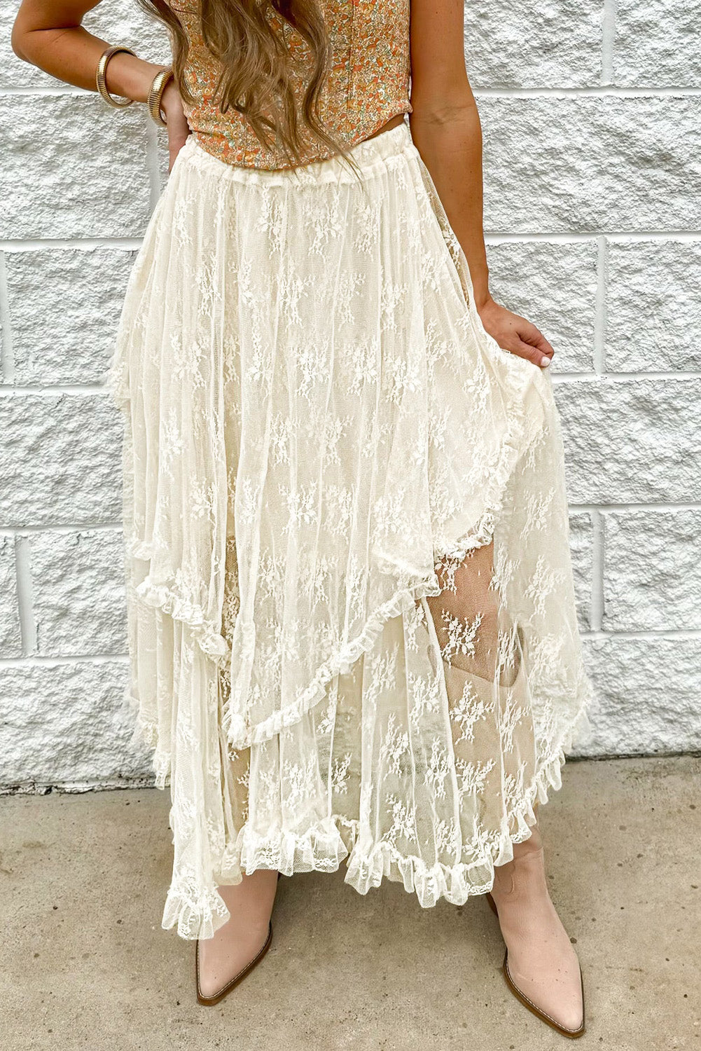Beige Lace Tiered High Waist Maxi Skirt
