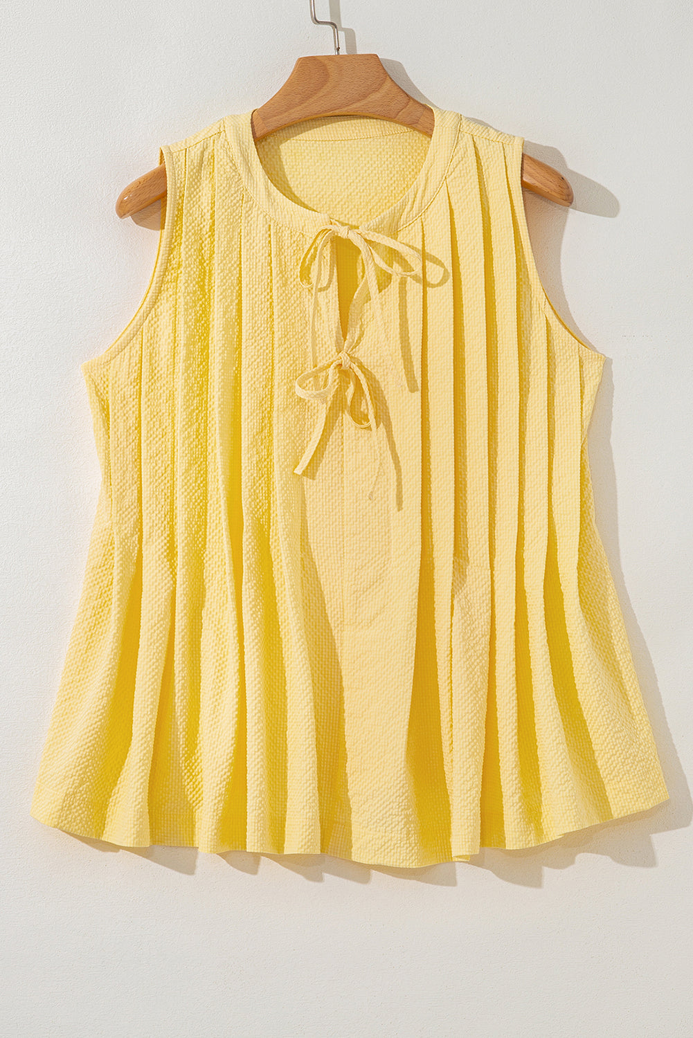 Yellow Bow Tie Notched Neck Pleated Tank Top