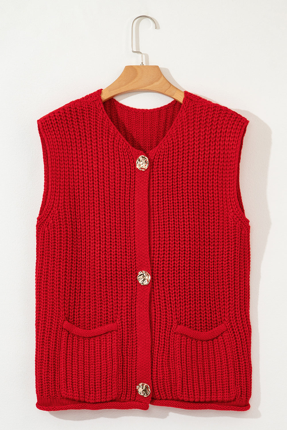 Fiery Red Solid Knit Buttoned Sweater Vest