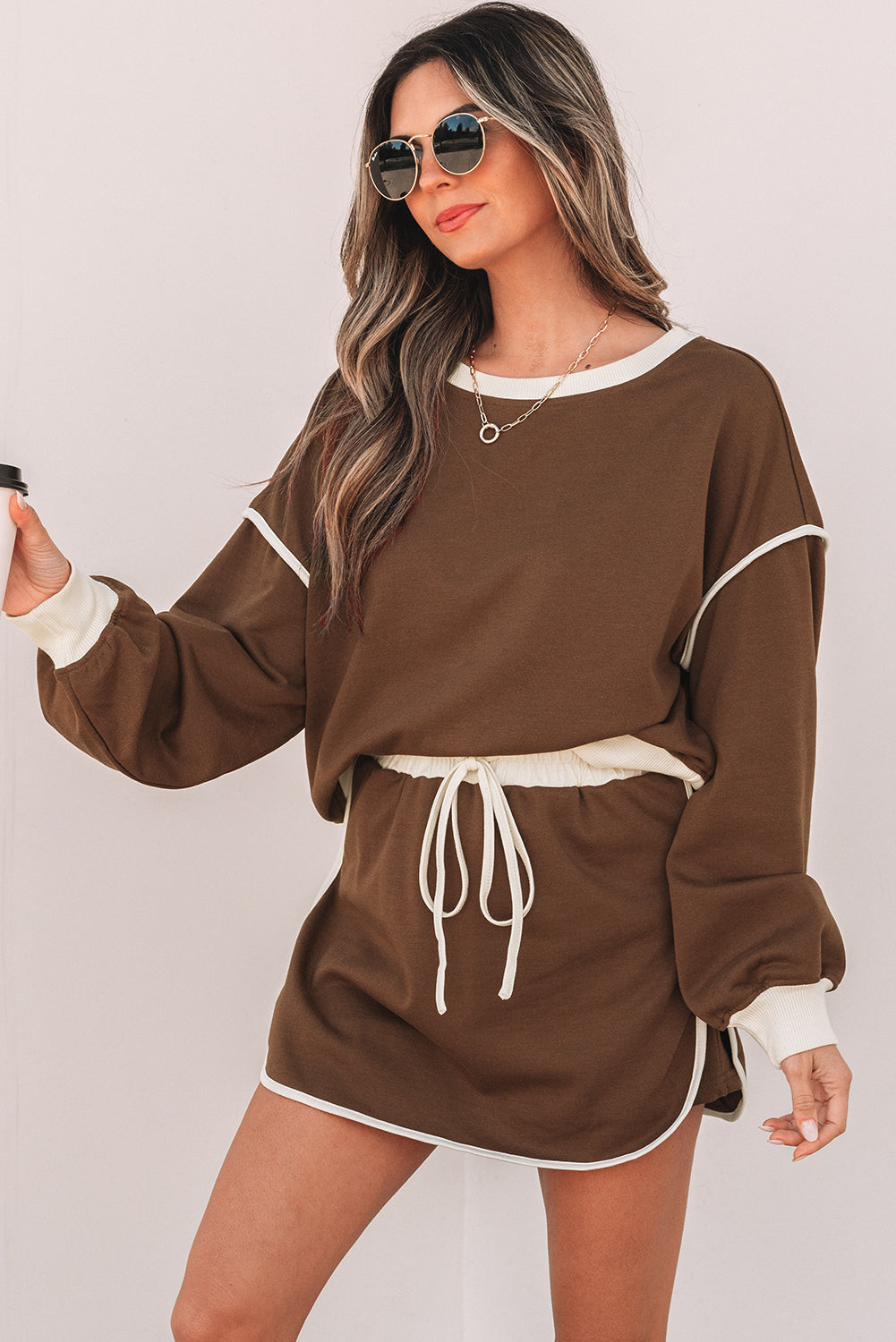 Coffee Loose Pullover and Lace-up Waist Skort Set