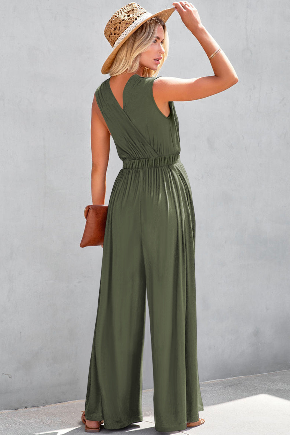 Green Deep V Pleated Crisscross Wide Leg Backless Jumpsuit