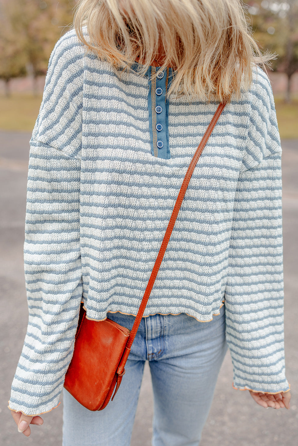 Striped Textured Henley Long Sleeve Top