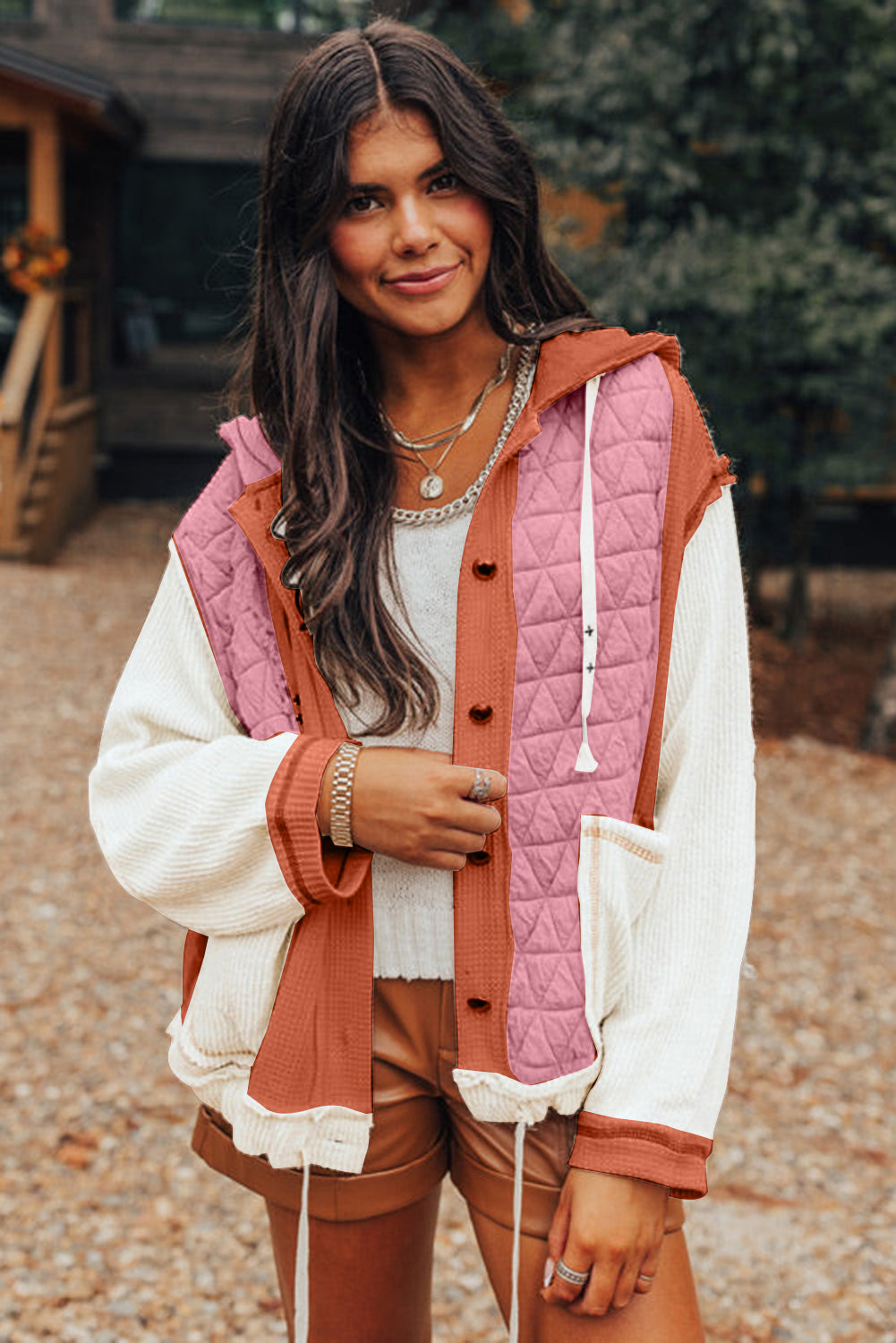Quilted Textured Patchwork Hooded Jacket