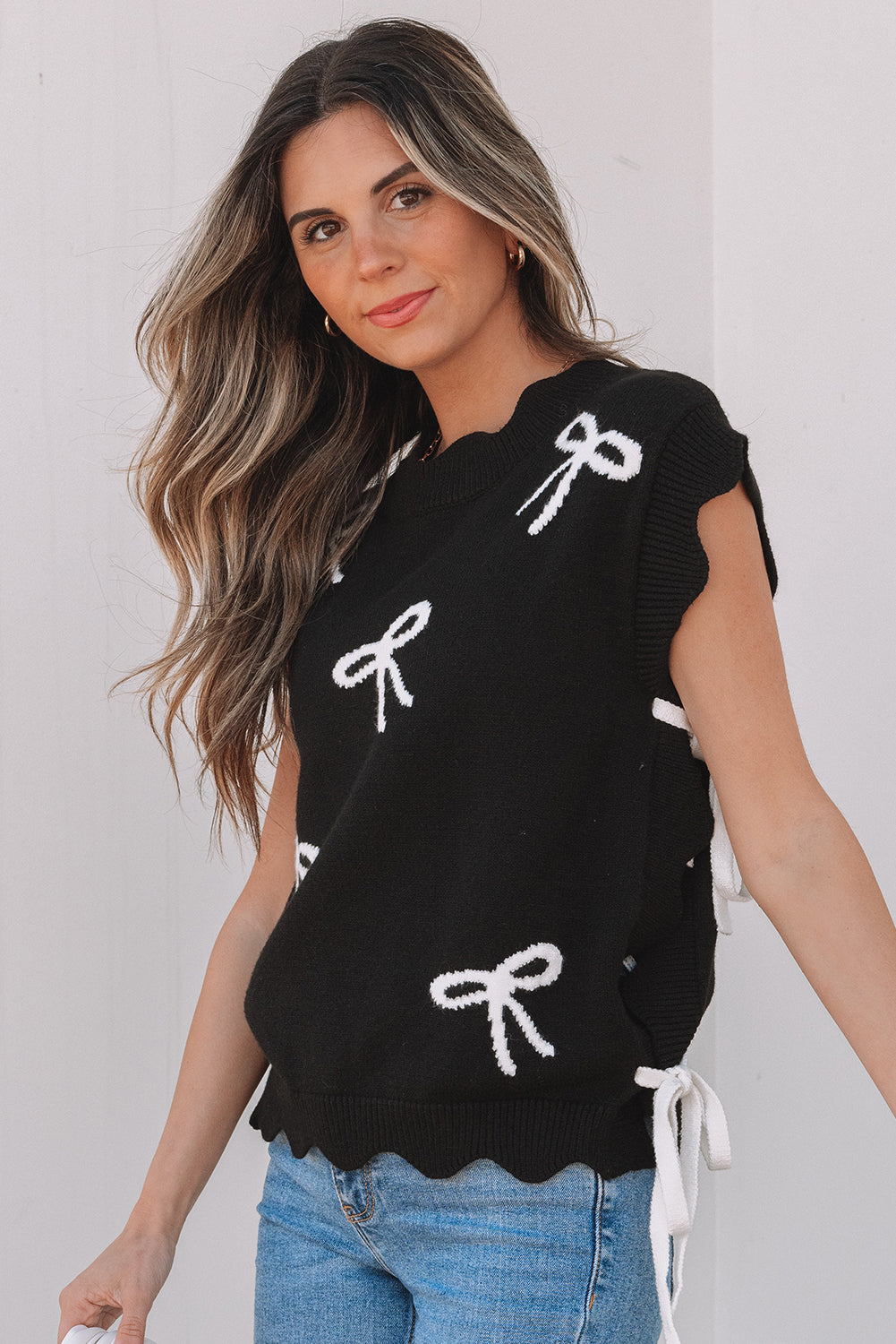 Black Bow Print Scalloped Hem Sweater T Shirt