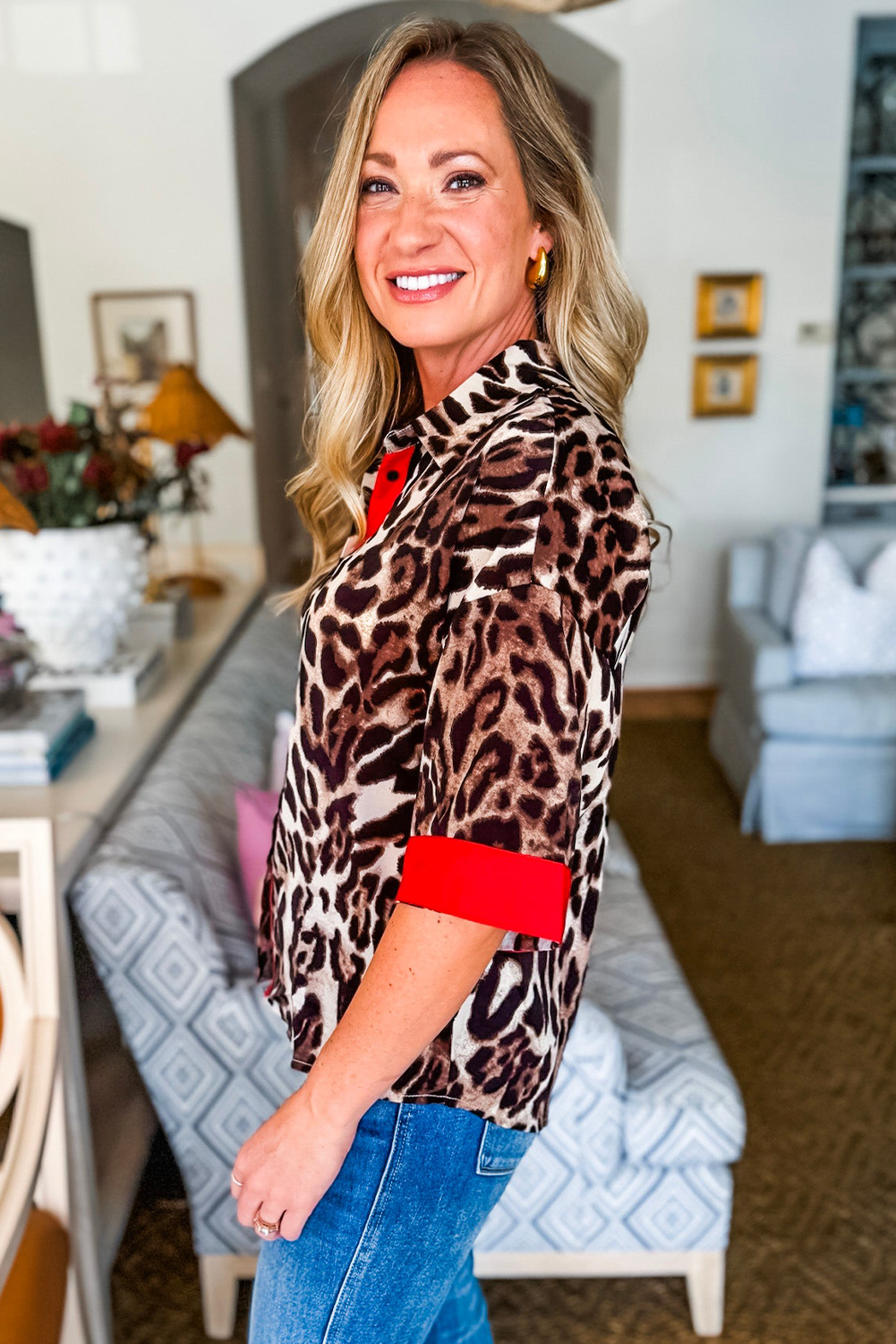 Patchwork Leopard Print Half Sleeve Shirt