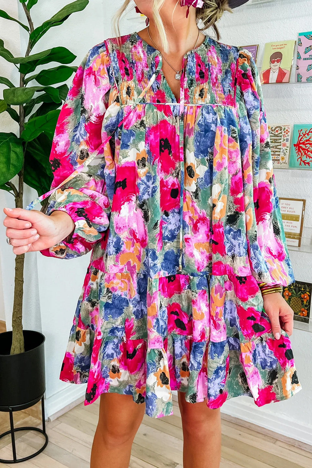 Floral Tie Neck Bubble Sleeve Shift Dress