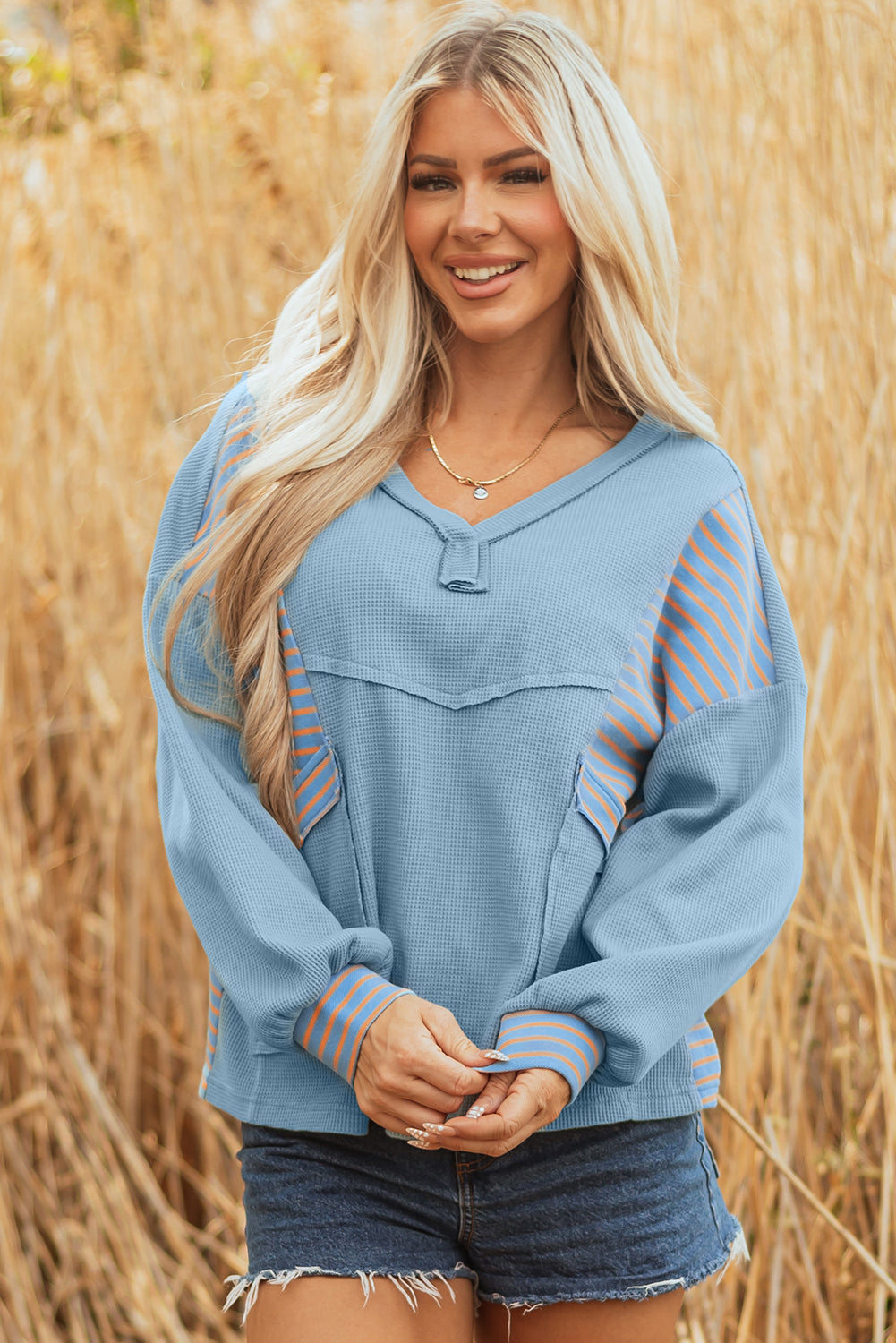 Dusk Blue Waffle Striped Patchwork Pullover