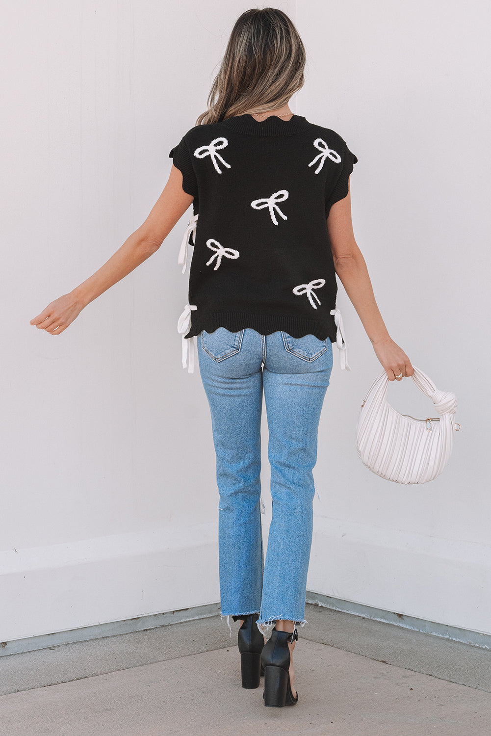 Black Bow Print Scalloped Hem Sweater T Shirt