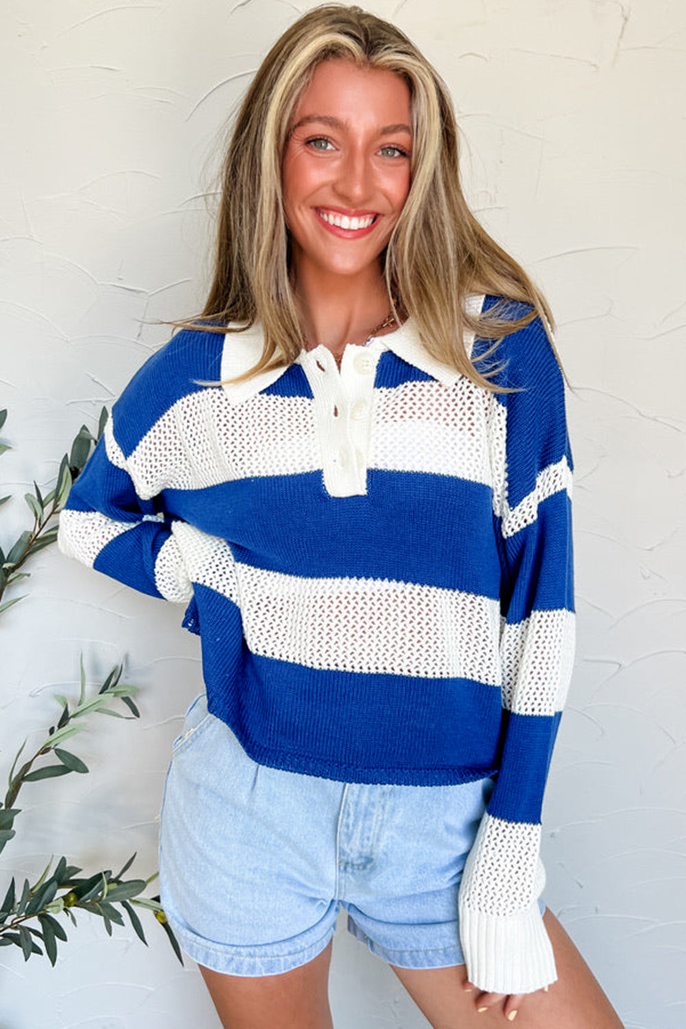 Blue Stripe Colorblock Crochet Knitted Sweater
