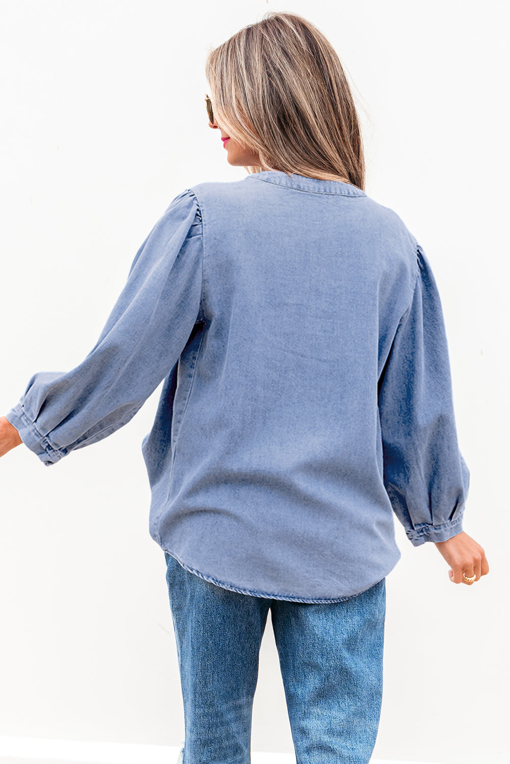 Denim Front Pintuck Bow Tie Puff Top