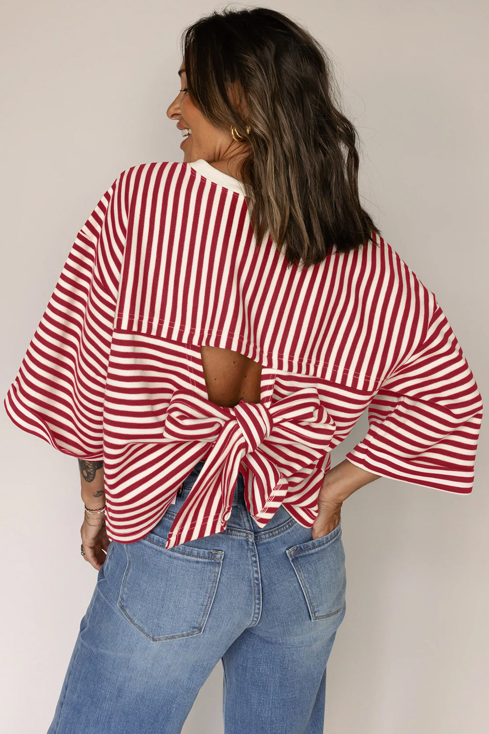 Red Stripe Bowknot Back Loose Tee