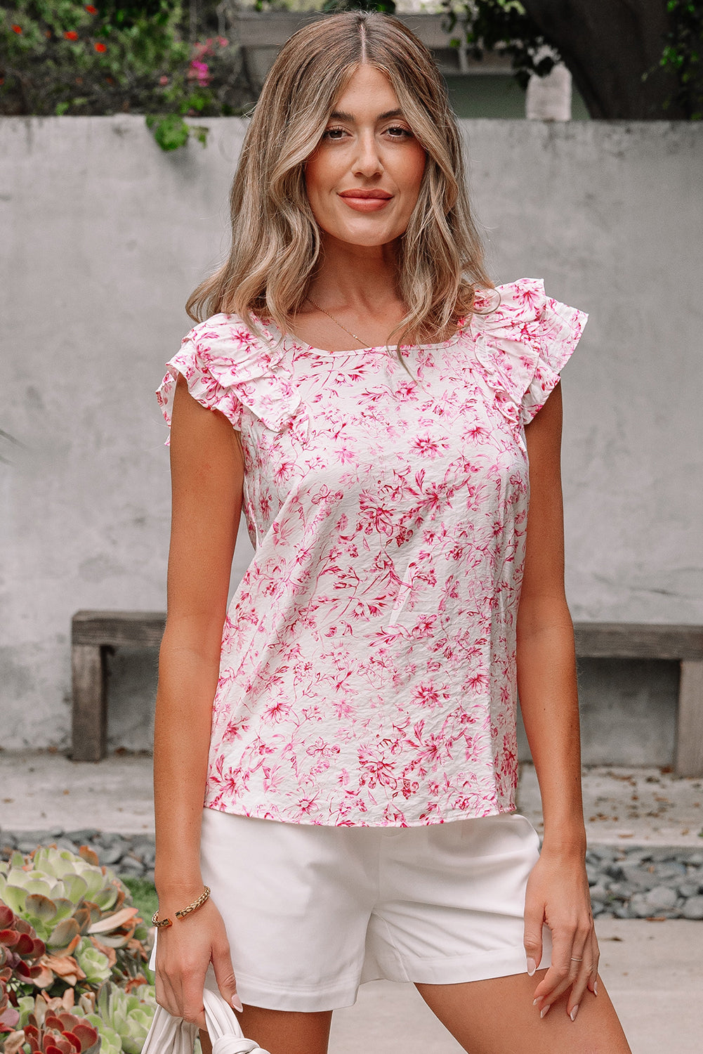 Pink Floral Ruffled Sleeve Bow Blouse