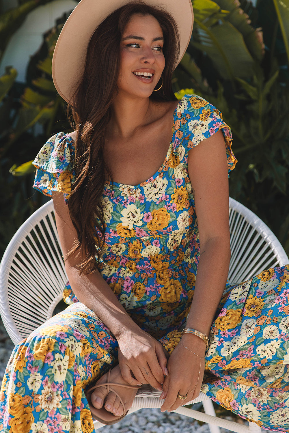 Yellow Floral Shirred Cut Out High Waist Jumpsuit