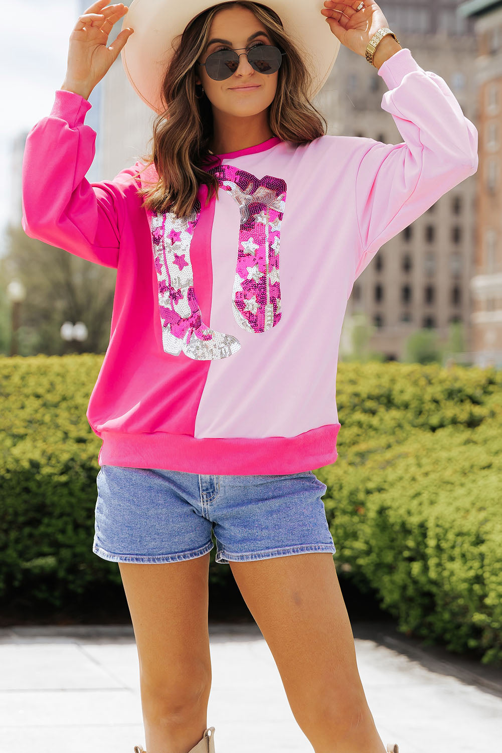 Pink Color Block Sequined Cowgirl Boots Sweatshirt