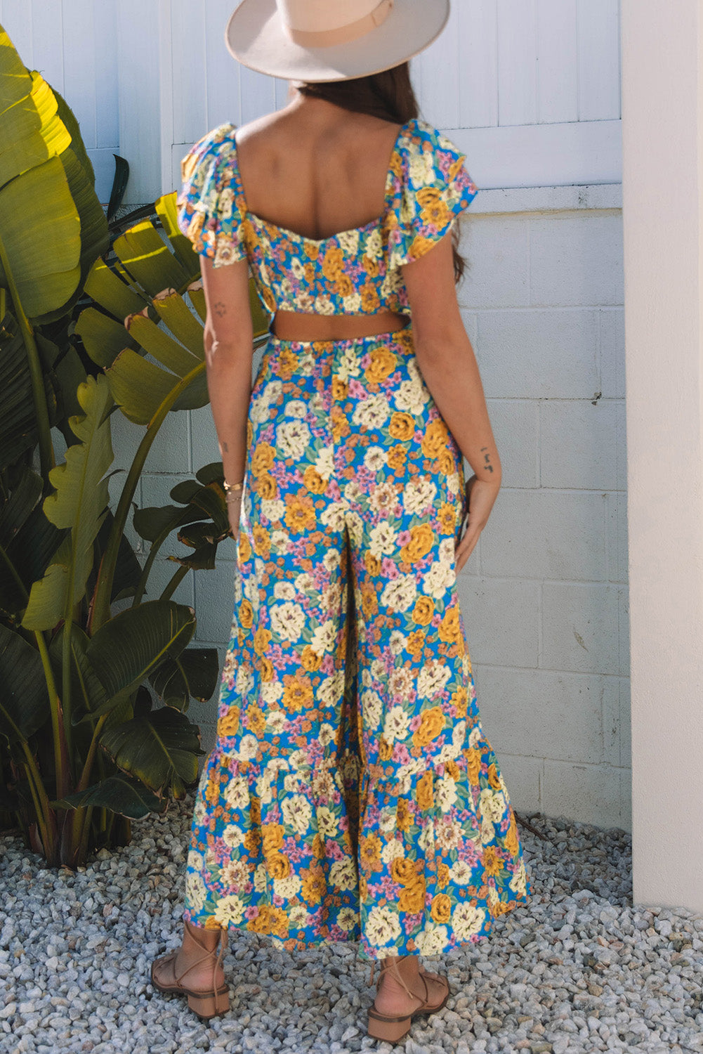 Yellow Floral Shirred Cut Out High Waist Jumpsuit