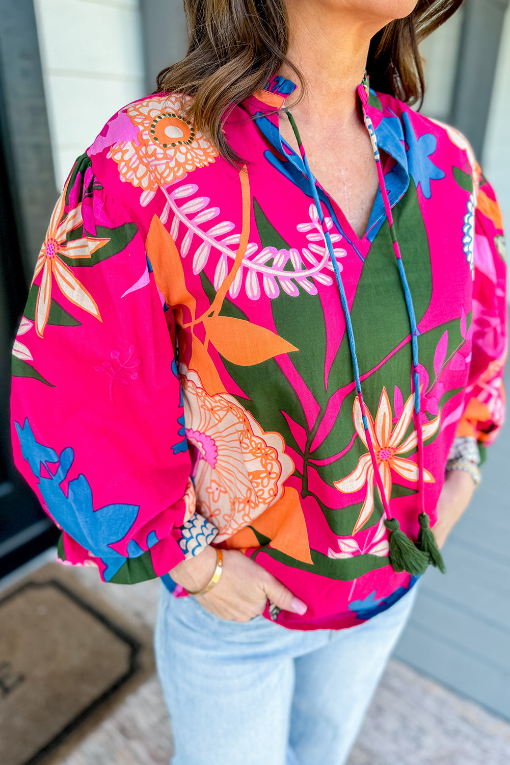 Flower Print Ruffled Puff Sleeve Blouse