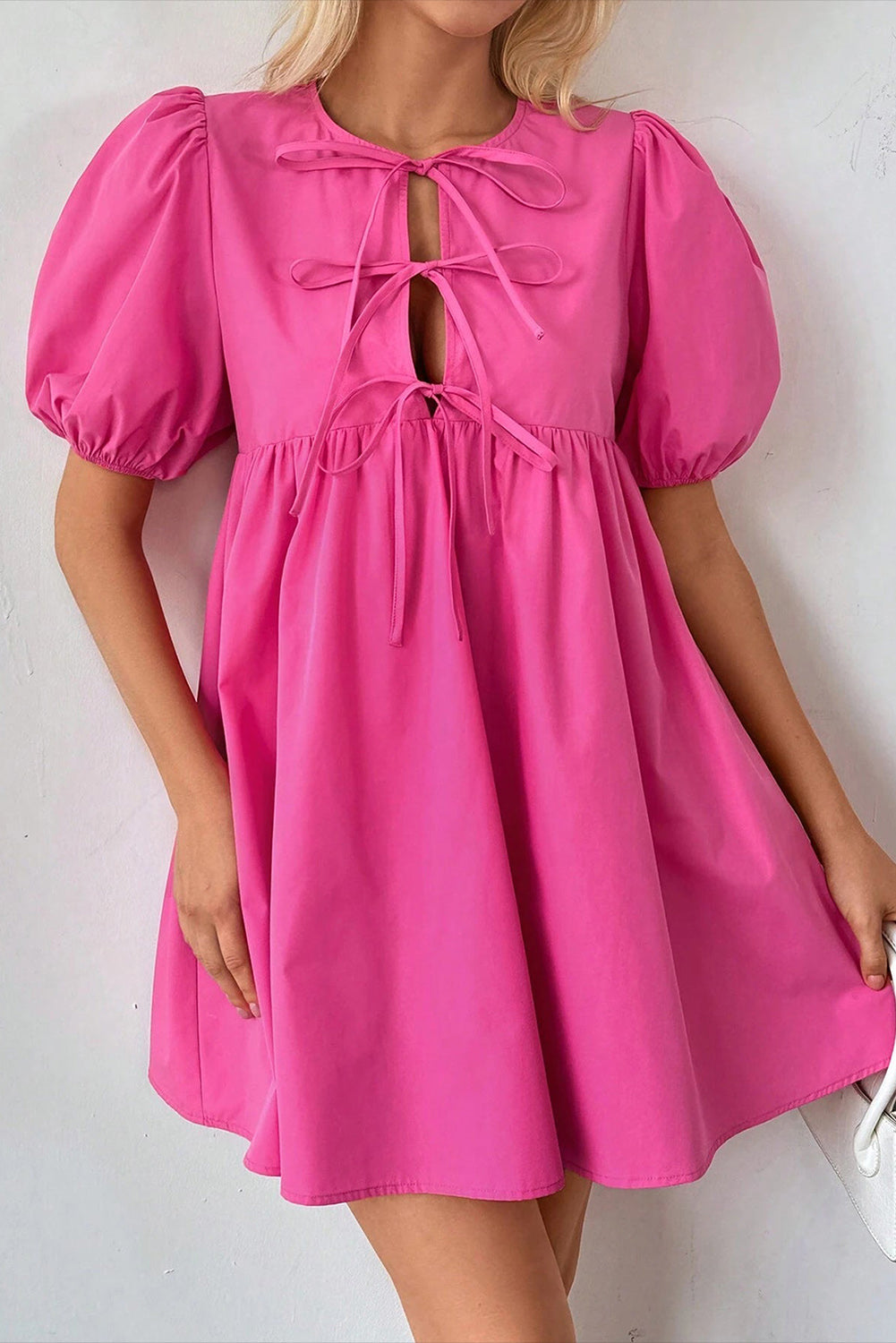 Bright Pink Solid Color Puff Sleeve Mini Dress