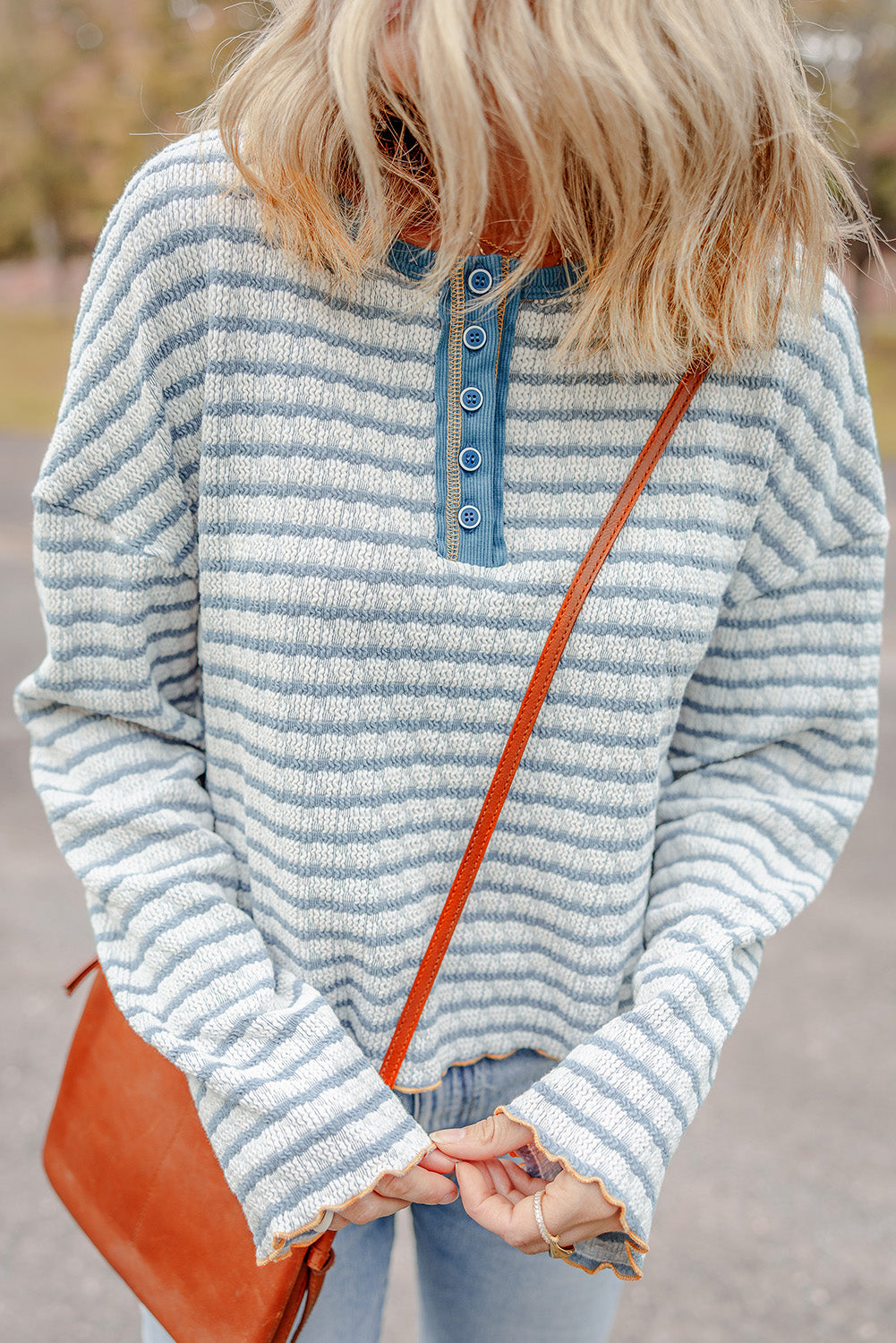 Striped Textured Henley Long Sleeve Top