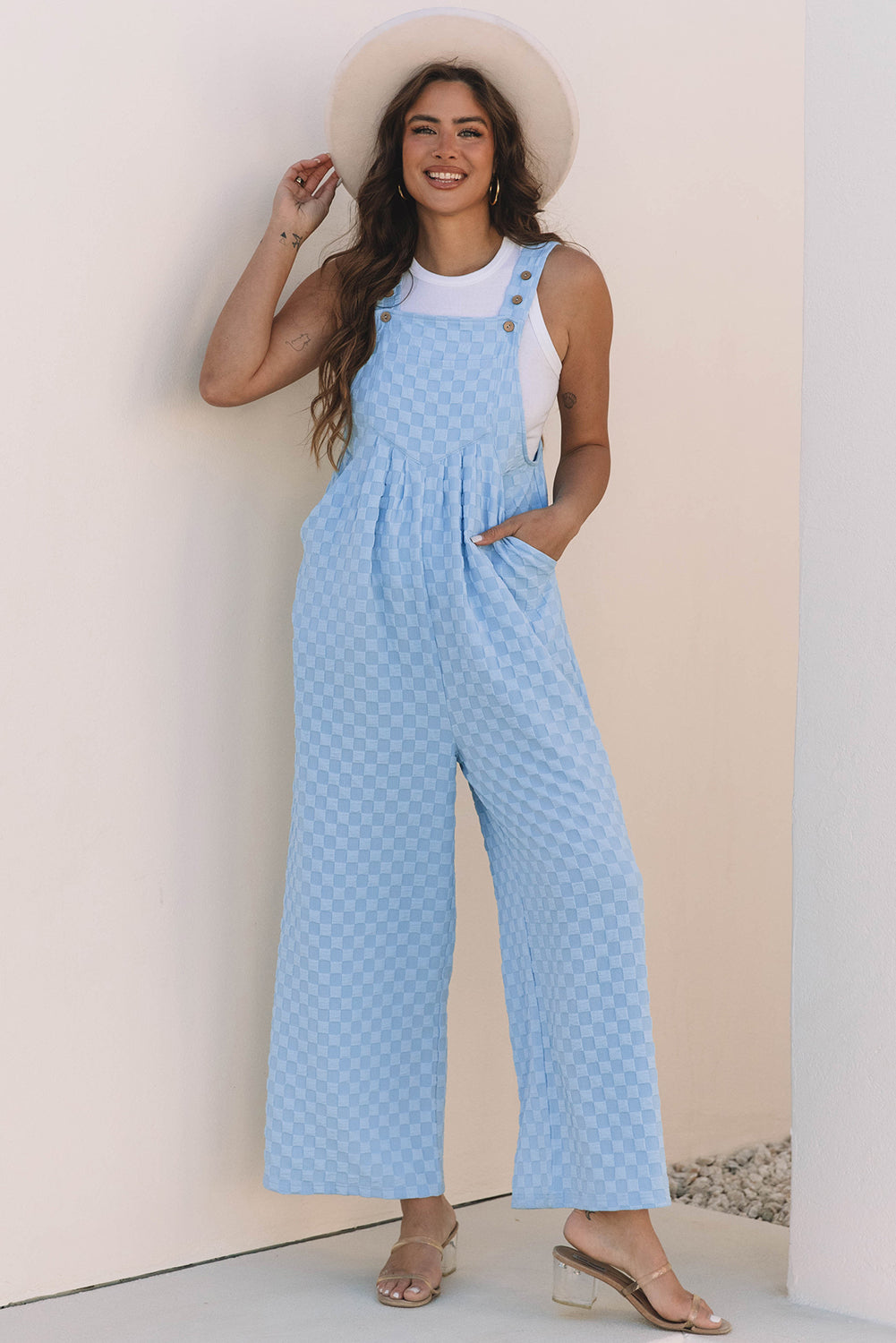 Blue Checkered Pocketed High Waist Wide Leg Overall